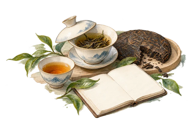 盖碗、茶饼与茶记水彩插画