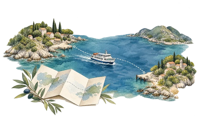 海岸与渡船水彩插画